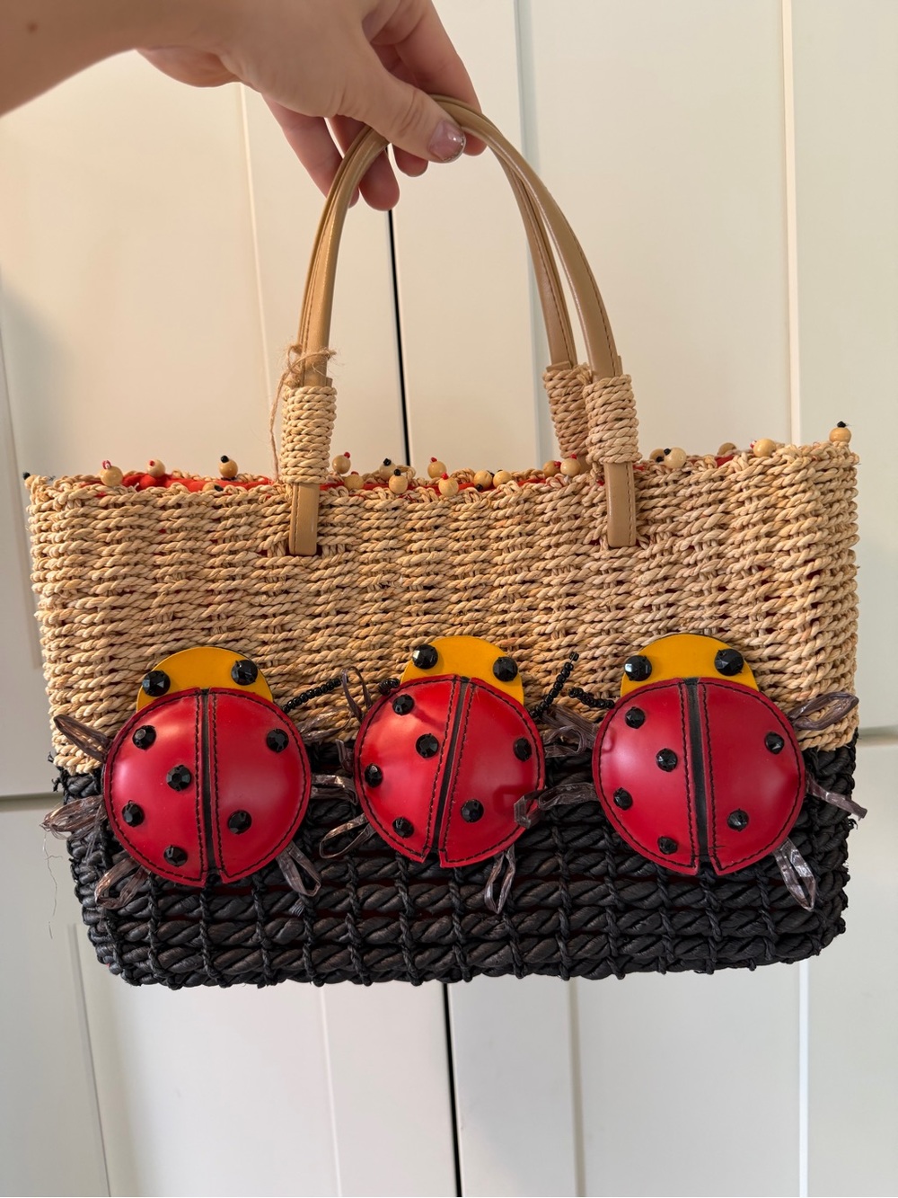 Vintage Michael Simon NY 3D Ladybug Woven Straw Tote Bag Handbag